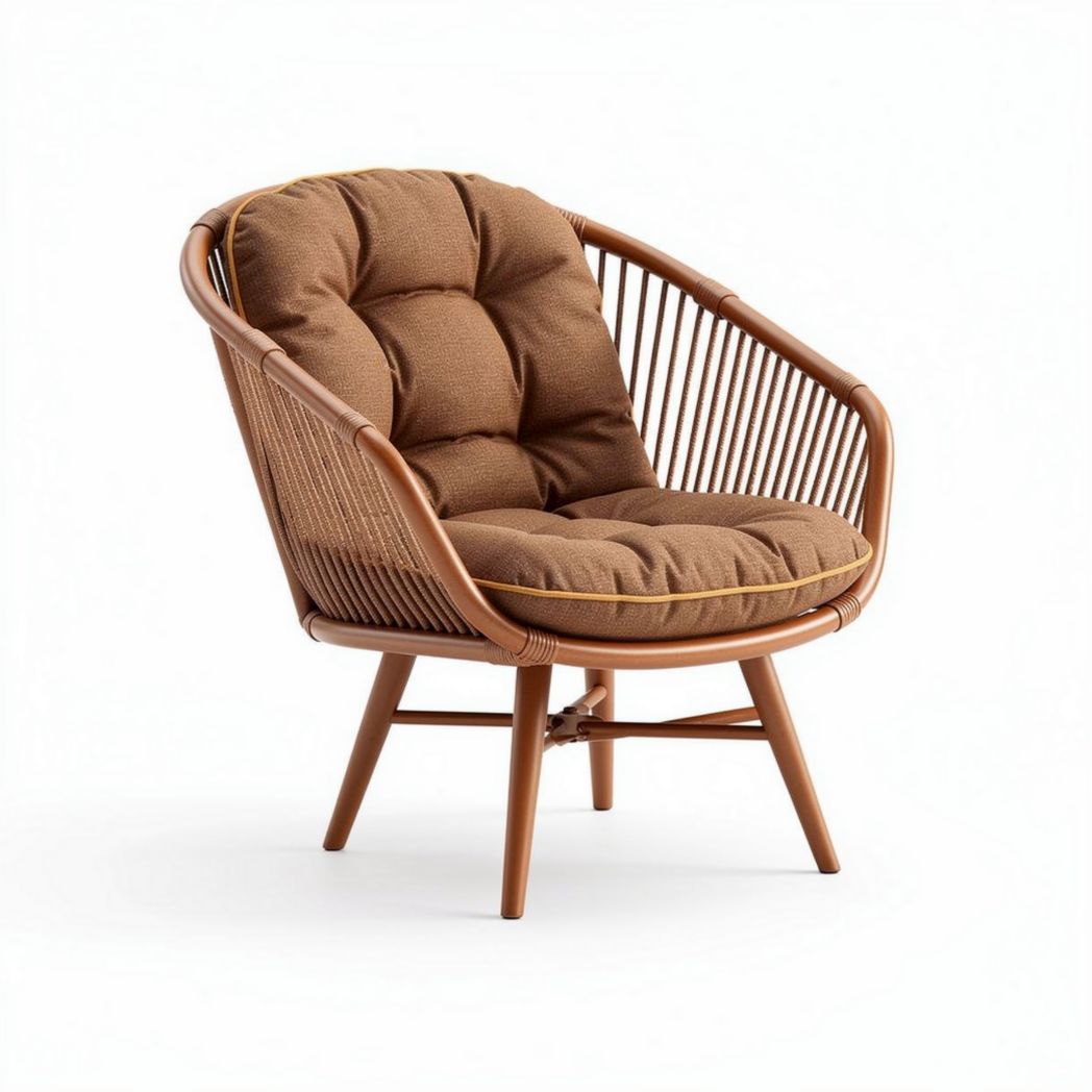 Rattan accent chair with cushion in brown color for indoor and outdoor use