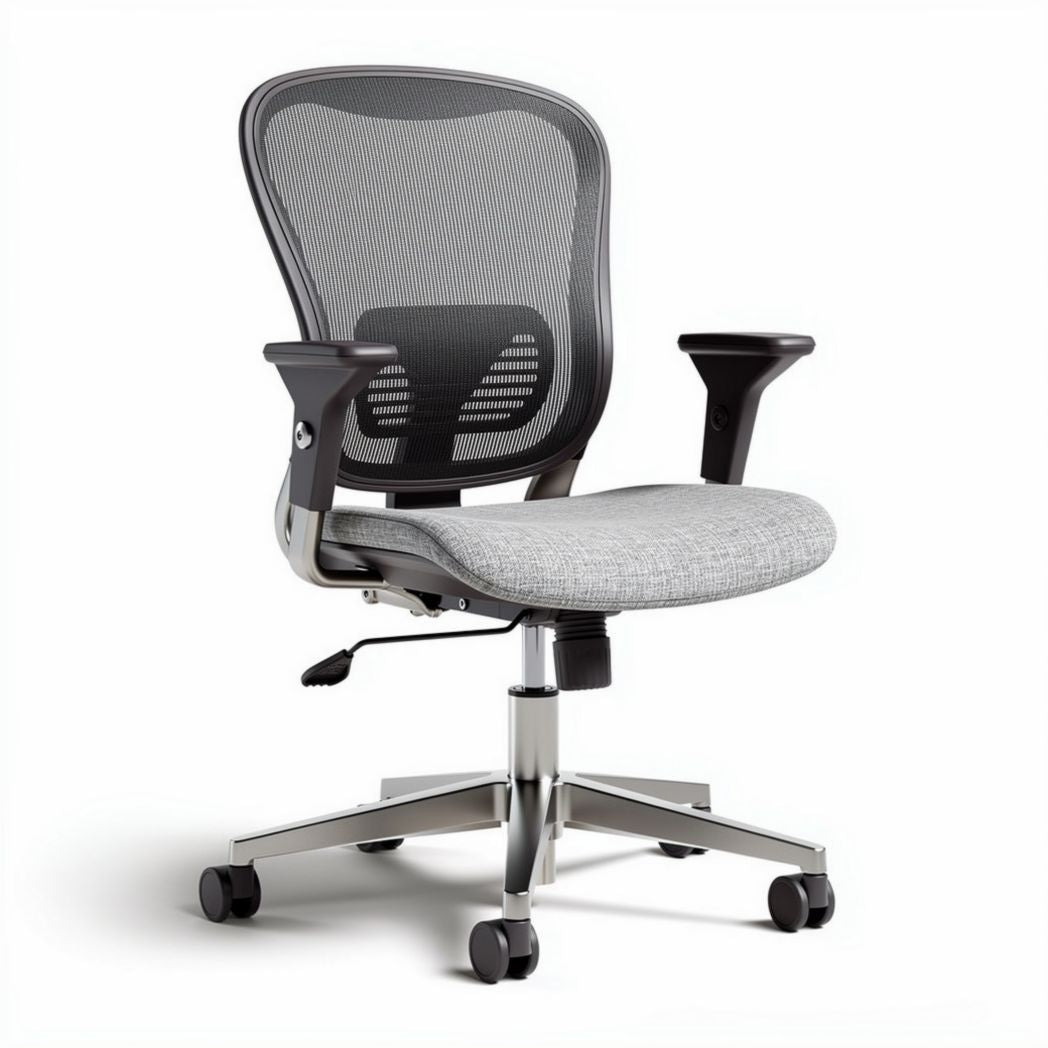 Mesh office chair with gray fabric seat and adjustable height features