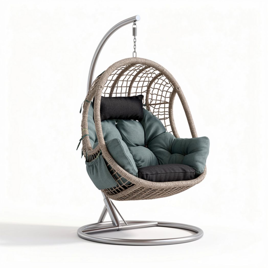 Hanging rattan egg chair with steel frame and cushions in grey and beige