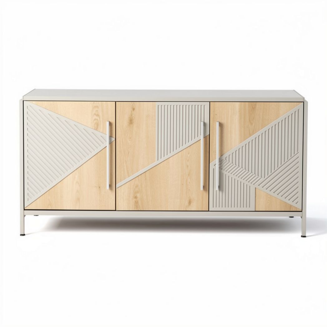 Geometric design media console cabinet with wooden finish and metal legs 120 x 40 x 70cm