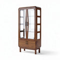 Glass display cabinet in walnut wood finish with shelves and drawers 180 x 80 x 40cm