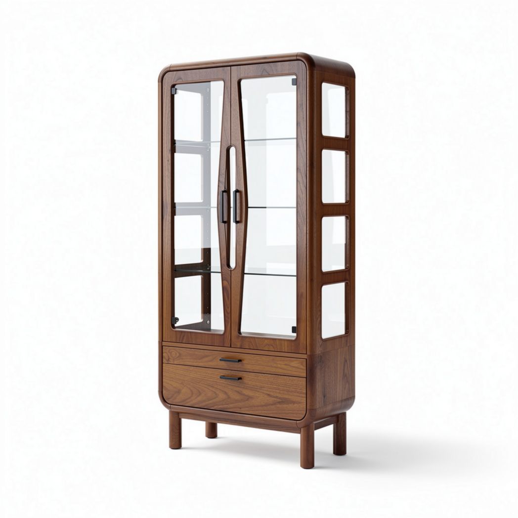 Glass display cabinet in walnut wood finish with shelves and drawers 180 x 80 x 40cm