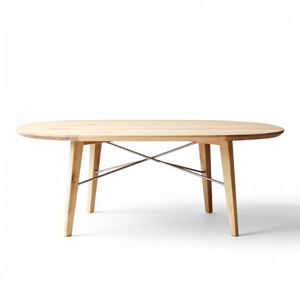 Oval wood dining table with chrome cross support 150 x 90 x 75cm